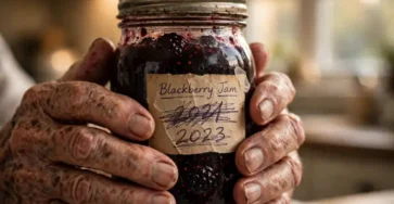 Hands holding a jar of homemade blackberry jam