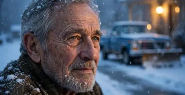 Older man standing in the snow by his pickup